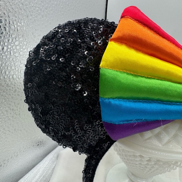 Disney parks ears, black, shiny sequence with a rainbow colored bow NWOT - Picture 5 of 6